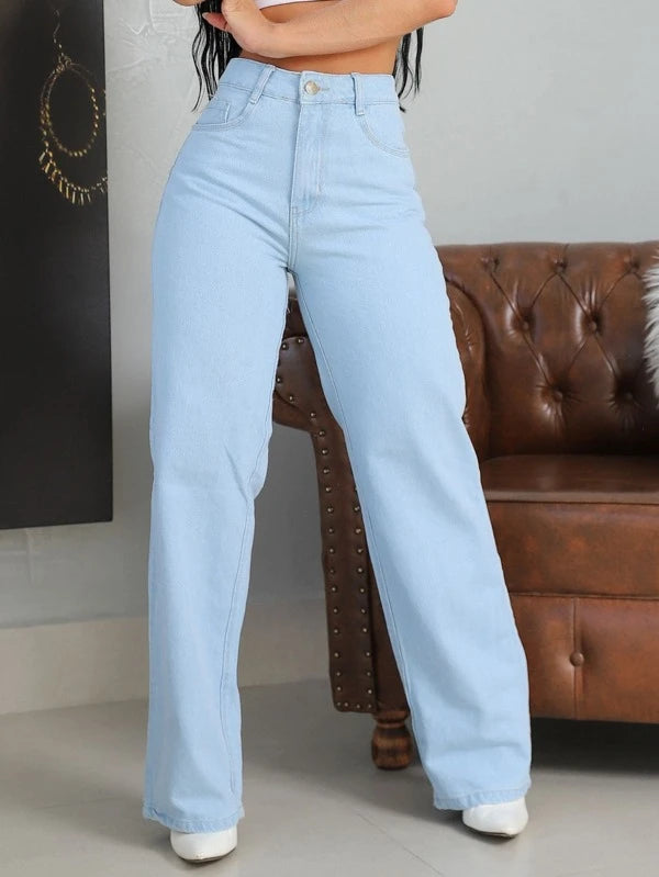 CALÇA JEANS FEMININA CINTURA ALTA PANTALONA WIDE LEG CLARA LISA DENIM PREMIUM