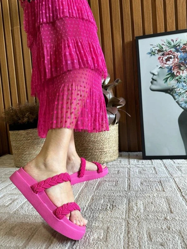 Sandália Rasteirinha Papete Birken BarbiePink Feminina Trança Tendencia Moda