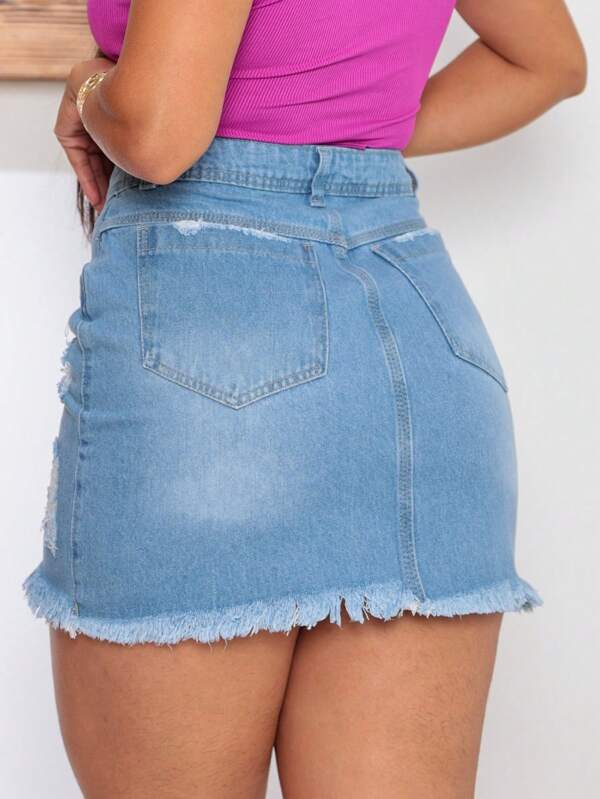 Saia jeans feminina denim cintura alta