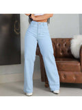 Calça jeans feminina wide leg clara lisa cintura alta