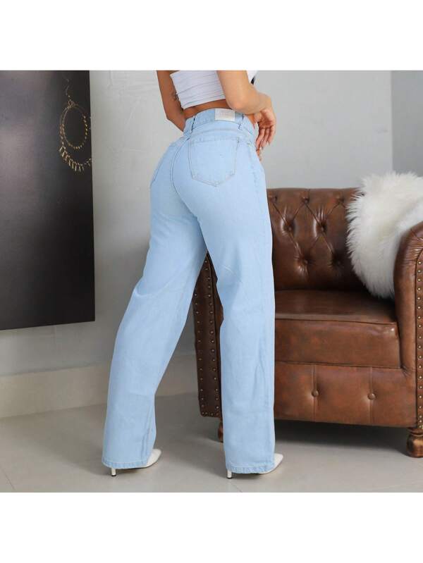 Calça jeans feminina wide leg clara lisa cintura alta