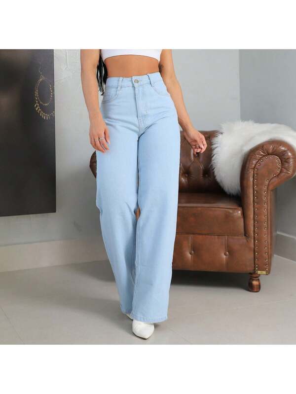 Calça jeans feminina wide leg clara lisa cintura alta