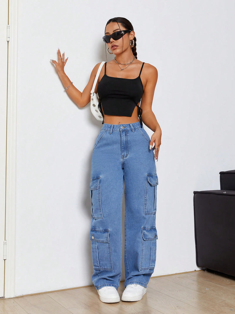 Calça Jeans Azul Lavada Com Bolsos Laterais