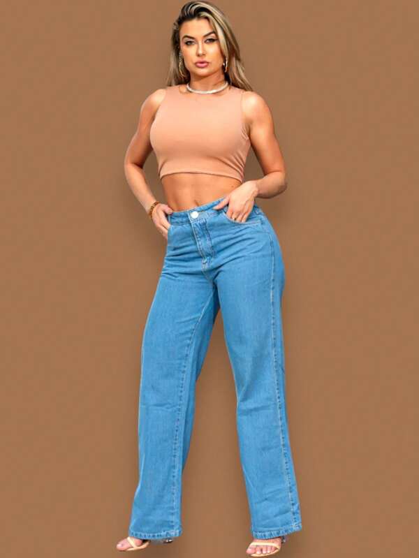 Calça jeans Wide Leg clara básica cintura alta feminina