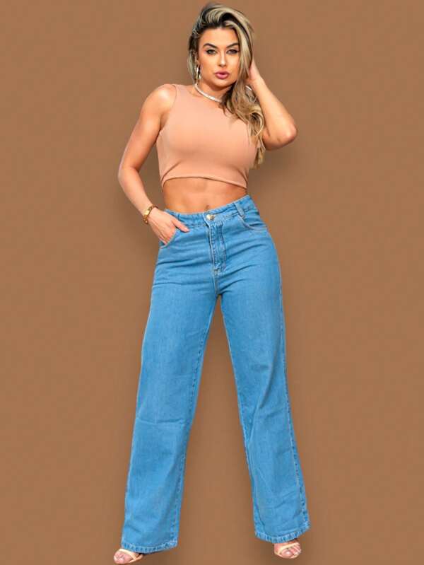 Calça jeans Wide Leg clara básica cintura alta feminina