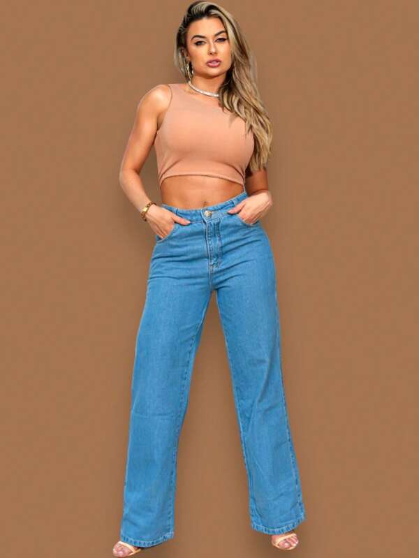 Calça jeans Wide Leg clara básica cintura alta feminina