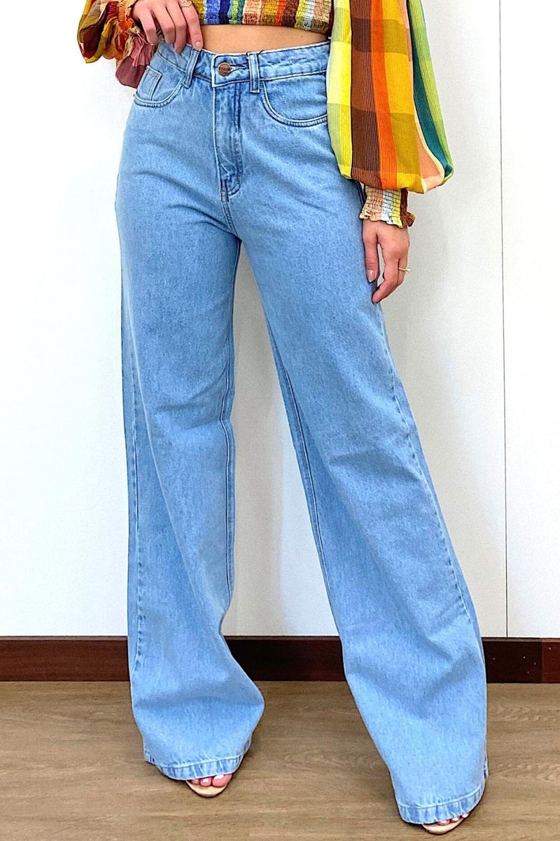 Calça Wide Leg Reta Marmorizada Jeans Claro