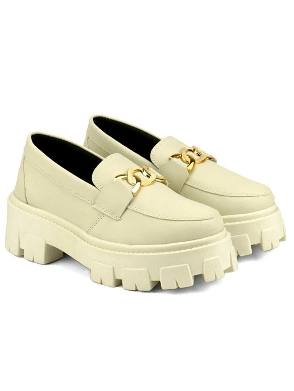 Mocassim Blogueira Feminino Tratorado Com Solado Alto Leve Sapato GuGi Plataforma Com Metal Dourado 403-GG