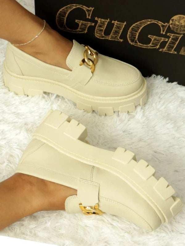 Mocassim Blogueira Feminino Tratorado Com Solado Alto Leve Sapato GuGi Plataforma Com Metal Dourado 403-GG