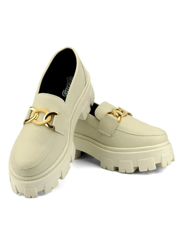 Mocassim Blogueira Feminino Tratorado Com Solado Alto Leve Sapato GuGi Plataforma Com Metal Dourado 403-GG