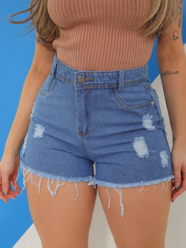 Shorts Jeans Curto Mini Destroyed Premium Desfiado